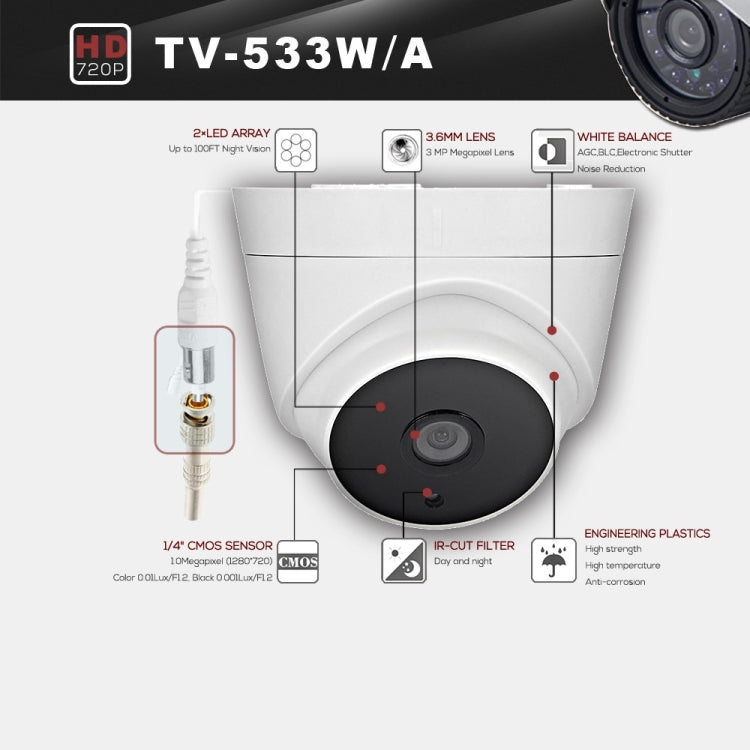 Camera AHD 3MP 3.6mm chống nước đạt chứng nhận CE & RoHS 533A với 2 dãy đèn LED hồng ngoại, Hỗ trợ quan sát ban đêm & cân bằng trắng, 533A-H2, 533A-W, 533A-L