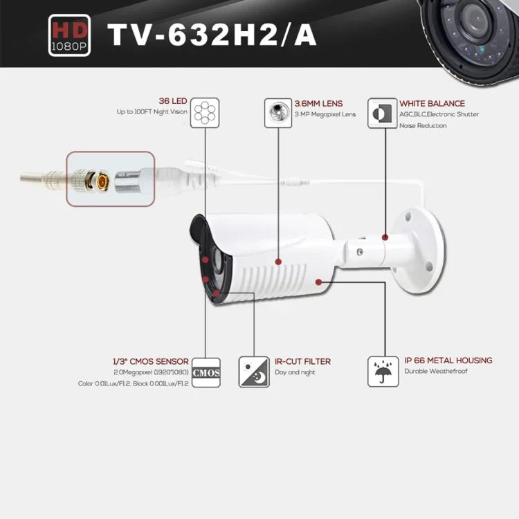 632A-H2 Camera AHD chống nước chứng nhận CE & RoHS ống kính 3.6mm 5MP với 36 đèn LED hồng ngoại, Hỗ trợ hồng ngoại ban đêm & cân bằng trắng, 632A-H2, 632A-W, 632A-L