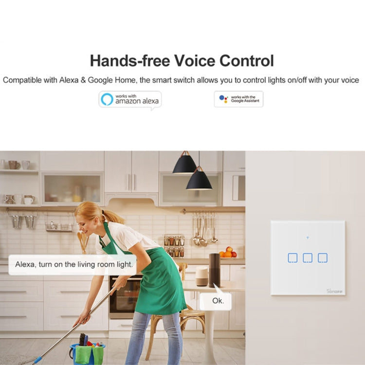 Công tắc tường cảm ứng kính cường lực Sonoff T2 86mm nhà thông minh, tương thích Alexa và Google Home, AC 100V-240V, phích cắm EU, 86mm/ 3 phích cắm EU