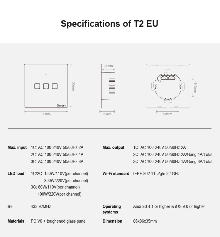 Công tắc tường cảm ứng kính cường lực Sonoff T2 86mm nhà thông minh, tương thích Alexa và Google Home, AC 100V-240V, phích cắm EU, 86mm/ 3 phích cắm EU
