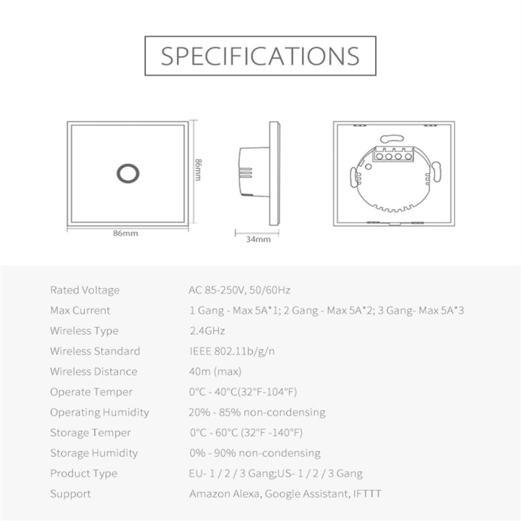 Công tắc điều khiển đèn thông minh không dây WiFi EU NEO NAS-SC01W 1 kênh
