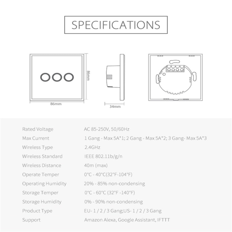 Công tắc điều khiển đèn thông minh không dây WiFi EU NEO NAS-SC03W 3 kênh, 3 kênh