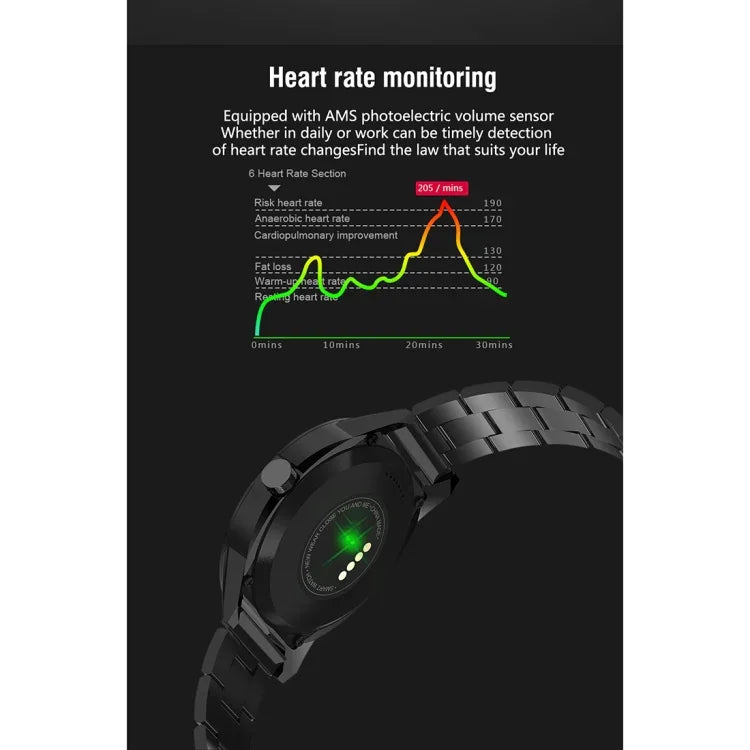 Đồng Hồ Thông Minh N6 Màn Hình TFT 1.3 inch MTK2502C Bluetooth4.0, Dây Đeo Thép Không Gỉ, Hỗ trợ Đo Nhịp Tim & Đếm Bước & Theo Dõi Giấc Ngủ & Nhắc Ngồi Lâu, Dây Đeo Thép Không Gỉ/Đen, Dây Đeo Thép Không Gỉ/Bạc