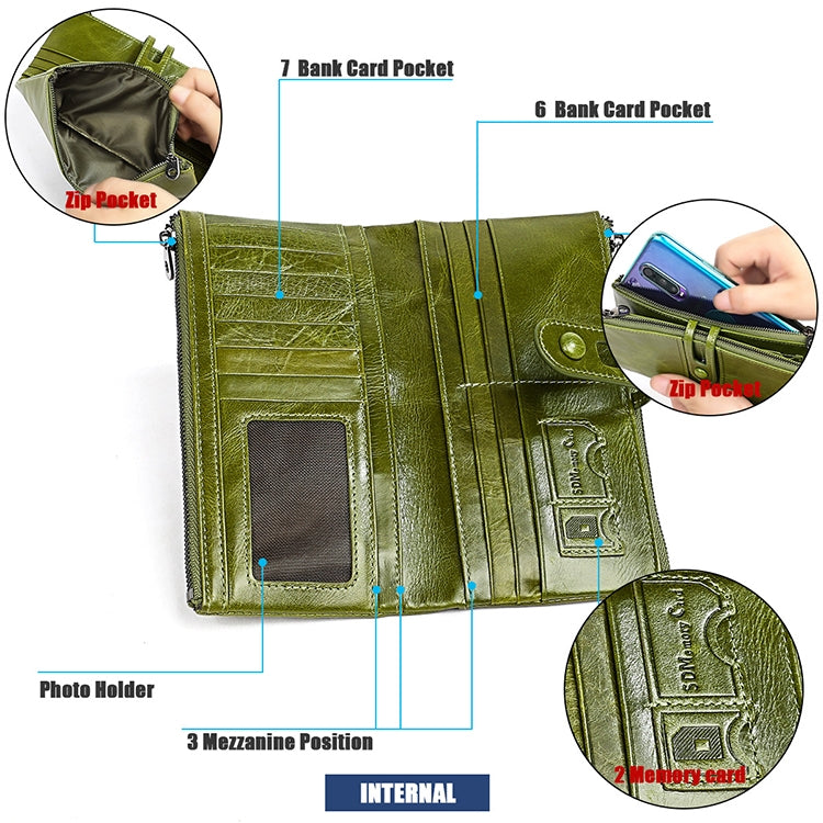 Ví da bò gập dài chống từ RFID cho nữ 3520, có ngăn thẻ, 3520 Đỏ, 3520 Nâu vàng, 3520 Đen, 3520 Cà phê, 3520 Xanh