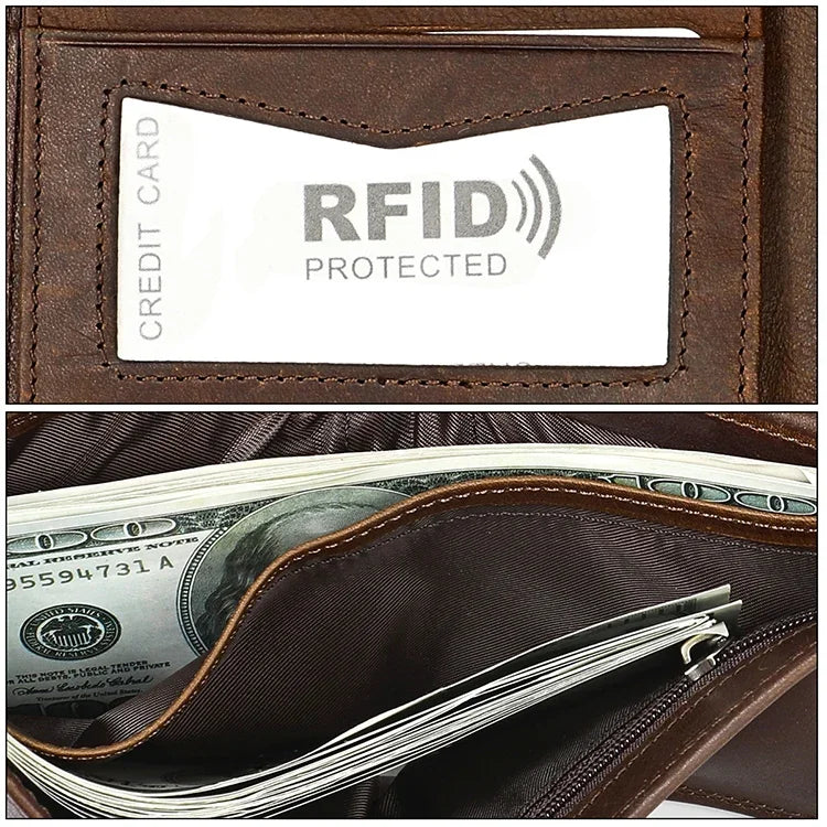 Ví cầm tay chống từ RFID da bò họa tiết Crazy Horse ngang 8020, có ngăn thẻ, màu 8020 Đen, 8020 Cà phê, 8020 Nâu vàng