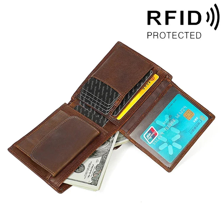 Ví cầm tay chống từ RFID da bò họa tiết Crazy Horse ngang 8020, có ngăn thẻ, màu 8020 Đen, 8020 Cà phê, 8020 Nâu vàng