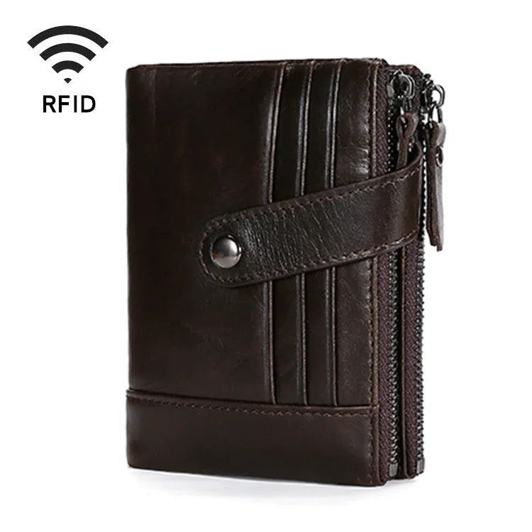 Ví da bò cổ điển đa năng TP-196 nhiều ngăn thẻ, khóa kéo đôi chống từ RFID
