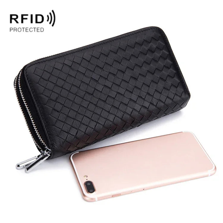 Ví túi chống trộm RFID nhiều thẻ dung tích lớn khóa kéo đôi dệt da cừu