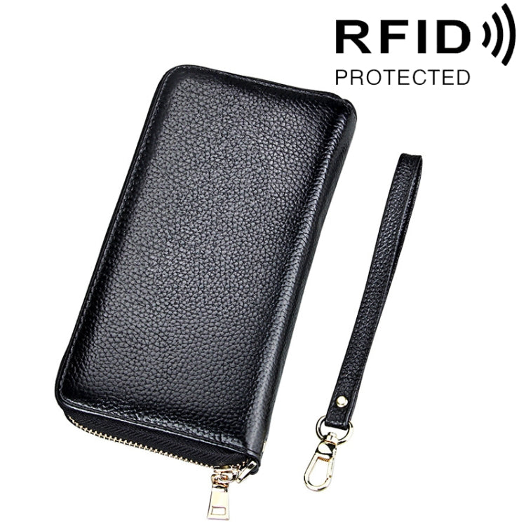 Ví đựng thẻ dài khóa kéo da bò thật họa tiết vỏ chôm chôm chống RFID, ví đựng tiền xu, túi đựng thẻ bảo vệ có dây đeo tay cho nữ, Kích thước: 20*10.5*3cm