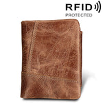 Ví đựng thẻ ngắn gấp 3 kiểu khóa kéo da bò thật họa tiết Crazy Horse chống RFID, ví đựng tiền xu, túi đựng thẻ bảo vệ cho nam, Kích thước: 12*9.5*4cm (Màu nâu xám), 3585