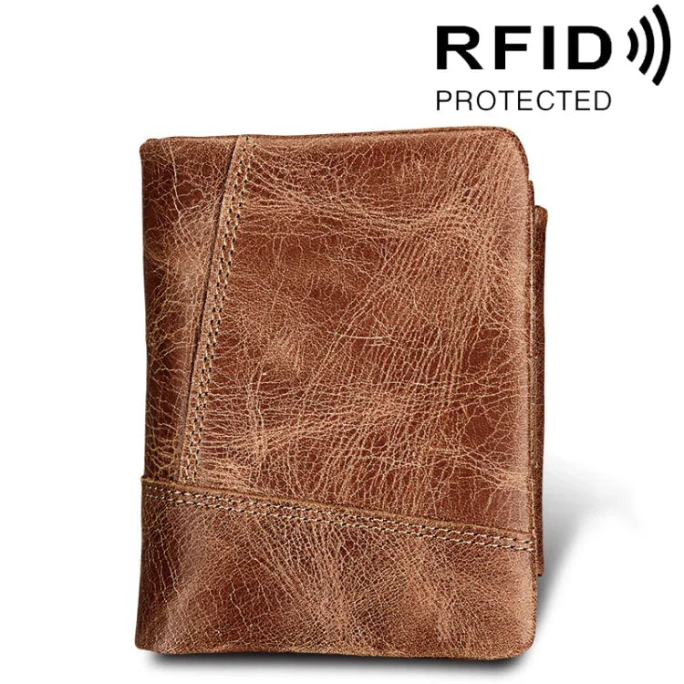 Ví đựng thẻ ngắn gấp 3 kiểu khóa kéo da bò thật họa tiết Crazy Horse chống RFID, ví đựng tiền xu, túi đựng thẻ bảo vệ cho nam, Kích thước: 12*9.5*4cm (Màu nâu xám), 3585