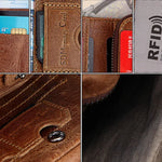 Ví đựng thẻ ngắn gấp 3 kiểu khóa kéo da bò thật họa tiết Crazy Horse chống RFID, ví đựng tiền xu, túi đựng thẻ bảo vệ cho nam, Kích thước: 12*9.5*4cm (Màu nâu xám), 3585
