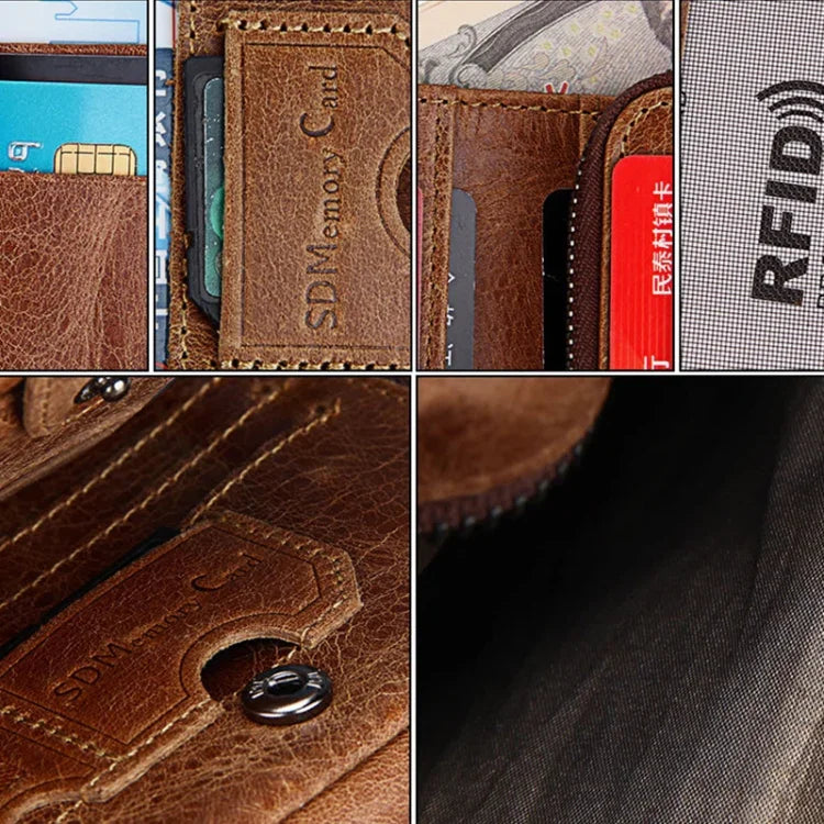 Ví đựng thẻ ngắn gấp 3 kiểu khóa kéo da bò thật họa tiết Crazy Horse chống RFID, ví đựng tiền xu, túi đựng thẻ bảo vệ cho nam, Kích thước: 12*9.5*4cm (Màu nâu xám), 3585