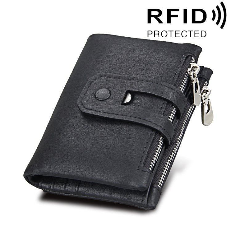 Ví đựng thẻ gấp 3 bằng da bò thật họa tiết Crazy Horse, khóa kéo, chống RFID, ví đựng tiền xu và thẻ cho nam, kích thước: 12*9,5*3,5cm