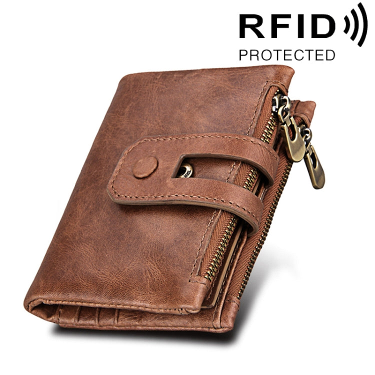 Ví đựng thẻ gấp 3 bằng da bò thật họa tiết Crazy Horse, khóa kéo, chống RFID, ví đựng tiền xu và thẻ cho nam, kích thước: 12*9,5*3,5cm