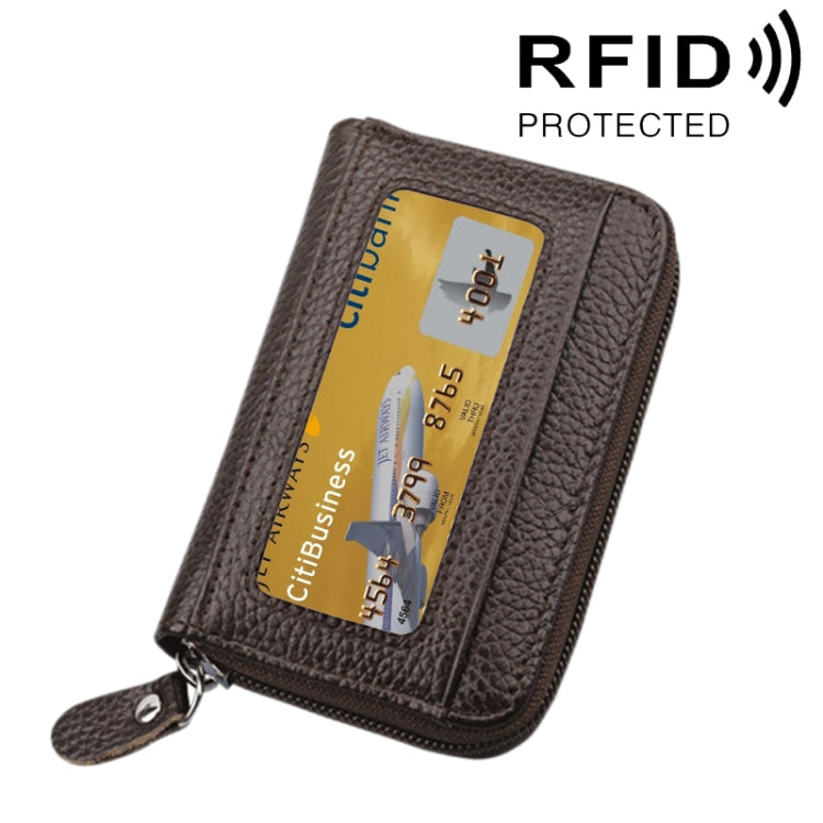 Ví đựng thẻ ngang khóa kéo màu trơn bằng da bò thật, chống RFID, hộp bảo vệ với 12 ngăn thẻ, Kích thước: 11.5*7.5cm