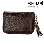 Ví đựng thẻ khóa kéo màu trơn bằng da bò thật, chống RFID, túi đựng thẻ bảo vệ, ví đựng tiền xu có tua rua và 15 ngăn đựng thẻ cho nữ, kích thước: 11.1*7.6*3.5cm