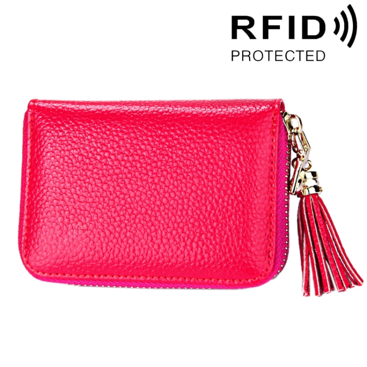 Ví đựng thẻ khóa kéo màu trơn bằng da bò thật, chống RFID, túi đựng thẻ bảo vệ, ví đựng tiền xu có tua rua và 15 ngăn đựng thẻ cho nữ, kích thước: 11.1*7.6*3.5cm