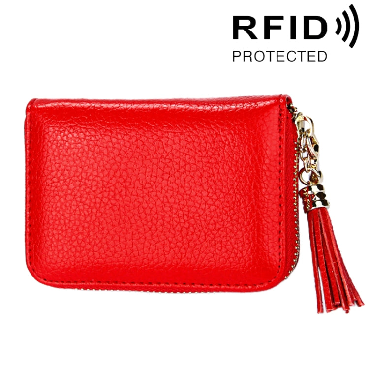 Ví đựng thẻ khóa kéo màu trơn bằng da bò thật, chống RFID, túi đựng thẻ bảo vệ, ví đựng tiền xu có tua rua và 15 ngăn đựng thẻ cho nữ, kích thước: 11.1*7.6*3.5cm