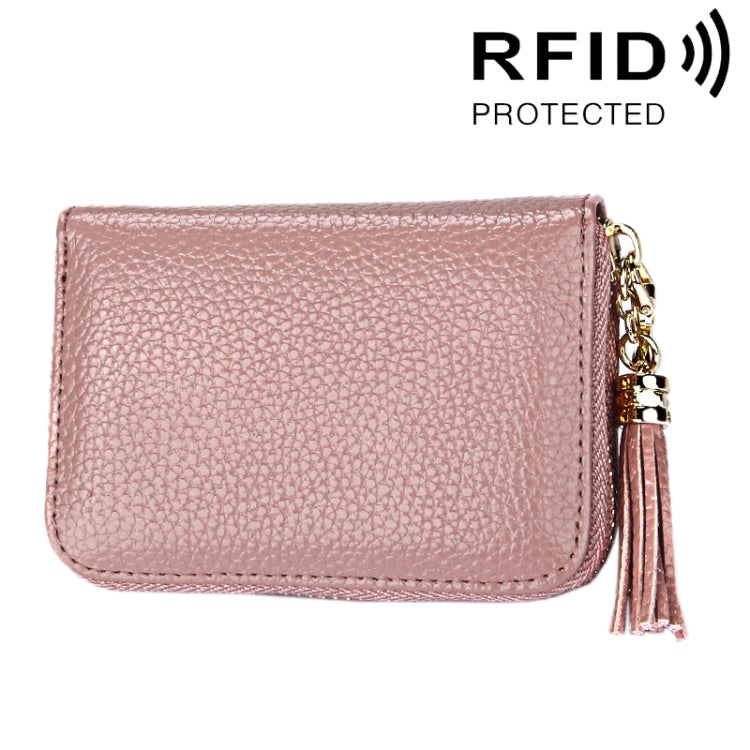 Ví đựng thẻ khóa kéo màu trơn bằng da bò thật, chống RFID, túi đựng thẻ bảo vệ, ví đựng tiền xu có tua rua và 15 ngăn đựng thẻ cho nữ, kích thước: 11.1*7.6*3.5cm
