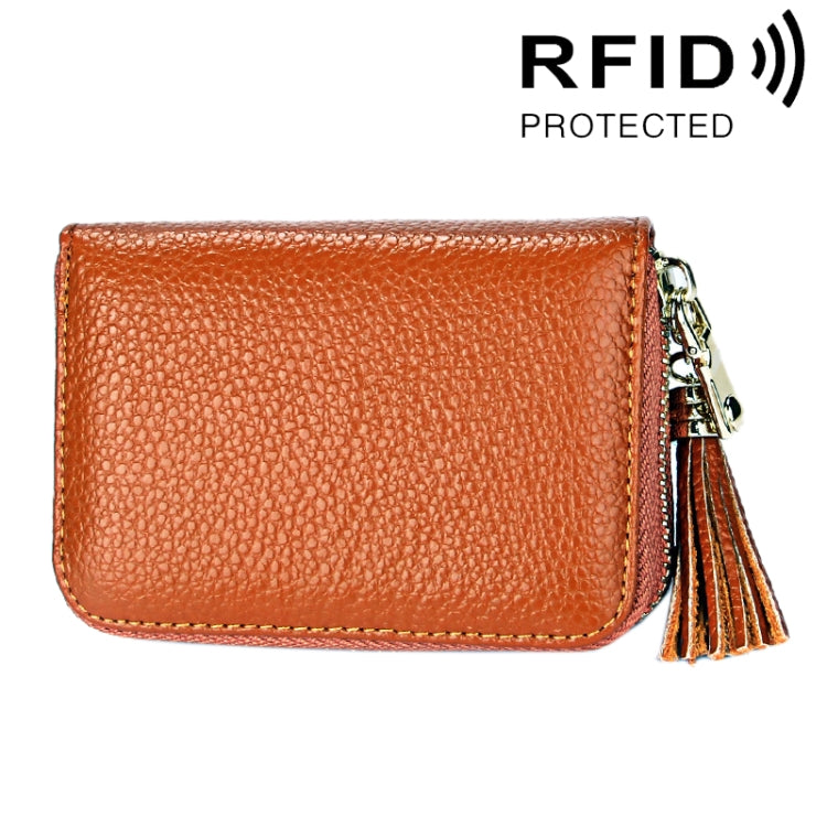 Ví đựng thẻ khóa kéo màu trơn bằng da bò thật, chống RFID, túi đựng thẻ bảo vệ, ví đựng tiền xu có tua rua và 15 ngăn đựng thẻ cho nữ, kích thước: 11.1*7.6*3.5cm
