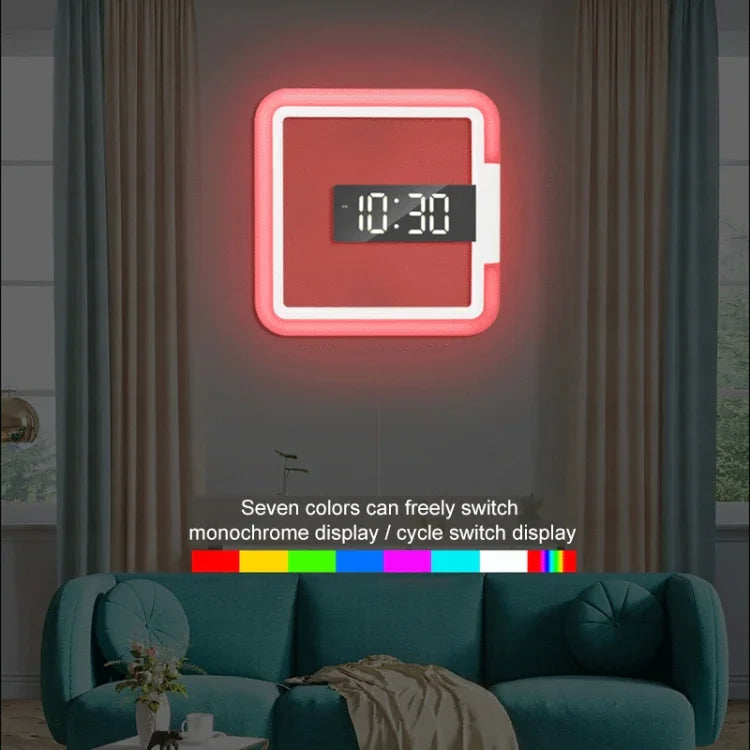 Đồng hồ báo thức kỹ thuật số đa chức năng hình vuông TS-S28-W, nhiệt kế RGB, đồng hồ LED gương, đồng hồ treo tường rỗng, nhiệt kế RGB