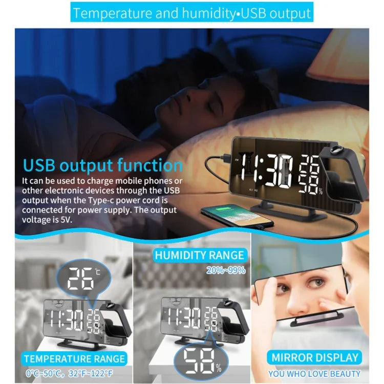 Đồng hồ báo thức chiếu gương kỹ thuật số TS-9210 với radio FM & nhiệt độ độ ẩm, TS-9210 có radio FM