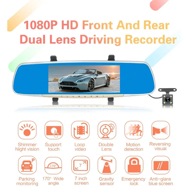 Gương chiếu hậu LCD cảm ứng 7 inch V100 Ghi hình xe với camera riêng biệt, Góc nhìn rộng 170 độ, Hỗ trợ nhìn ban đêm / Quay vòng / Phát hiện chuyển động / Cảm biến G / Thẻ TF, 7 inch