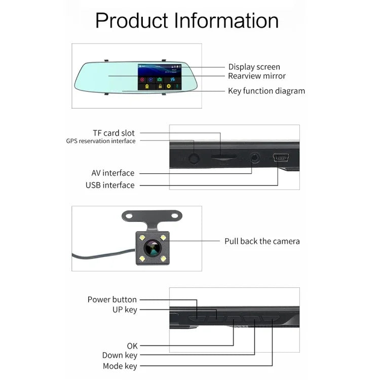 G705 gương chiếu hậu màn hình cảm ứng LCD 5 inch ghi hình xe hơi với camera riêng biệt, góc nhìn rộng 170 độ, hỗ trợ quay vòng video / phát hiện chuyển động / cảm biến G / thẻ TF, G705