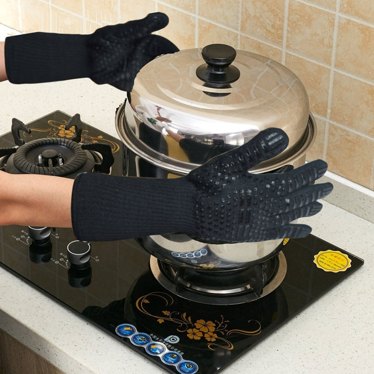 Găng tay bảo hộ nấu ăn bằng silicone cotton dùng lò vi sóng, chịu nhiệt cao: 500 độ C, dài: 32cm, sọc đỏ Deyan, Deyan