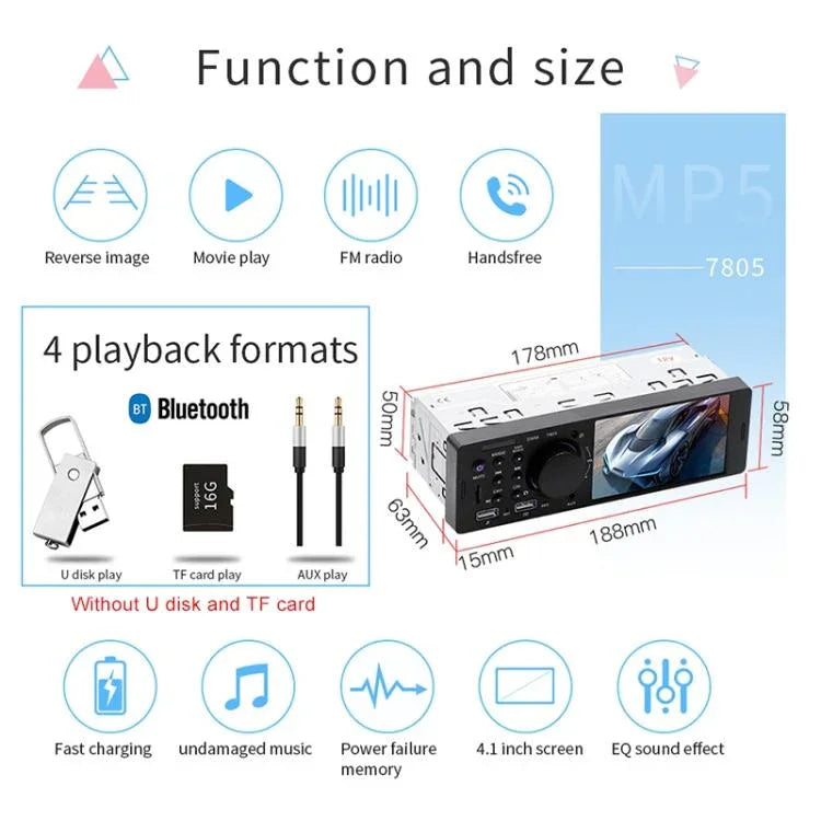 Đầu thu radio ô tô đa năng MP5 4.1 inch 7805, Hỗ trợ FM & Bluetooth & thẻ TF với điều khiển từ xa, 7805