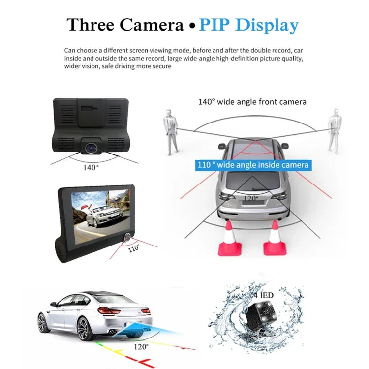 Màn hình IPS 4.0 inch Camera hành trình ô tô 5.0 Megapixel Góc rộng 170 độ Full HD 1080P 3 kênh video, Hỗ trợ đèn chiếu sáng ban đêm / Camera lùi / Thẻ TF (tối đa 32GB) / Cảm biến G / Phát hiện chuyển động, 170 độ