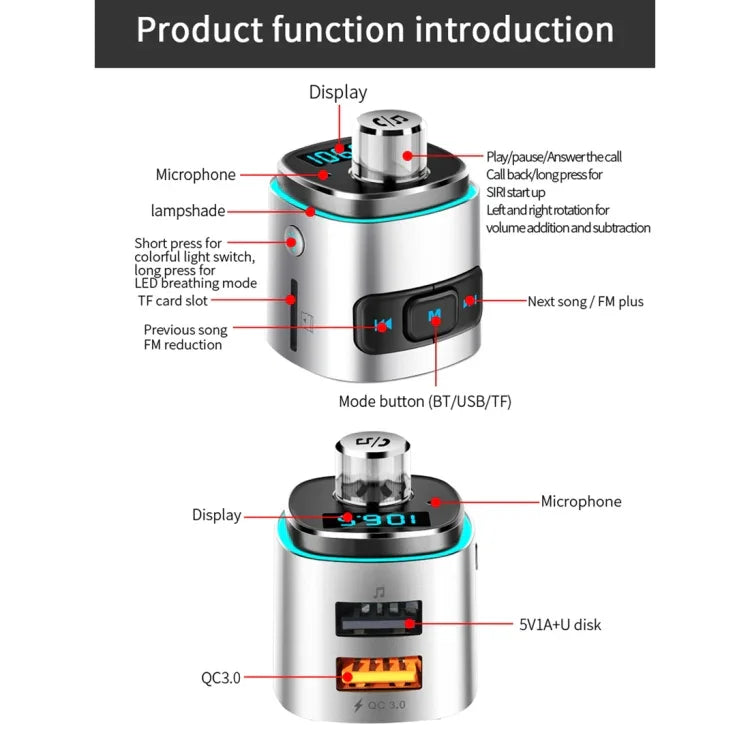 Đèn không khí nhiều màu sắc đa chức năng Bluetooth 5.0 BC42 cho ô tô, hỗ trợ thẻ TF & USB & FM, BC42