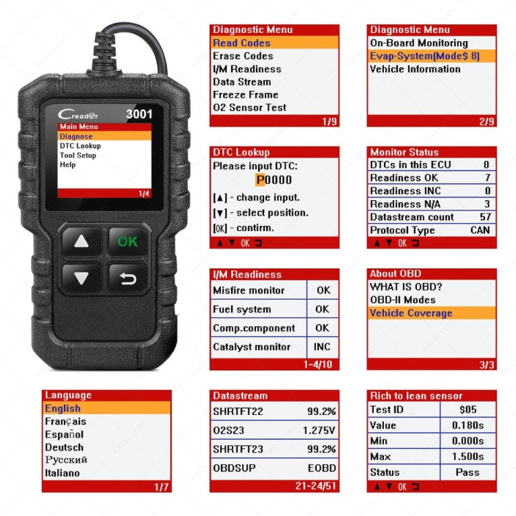 Launch Creader CR3001 Car Color Screen Code Reader OBD2 Fault Detector Diagnostic Tool, Launch Creader CR3001