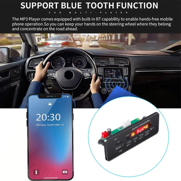 Bảng giải mã MP3 âm thanh 12V 2x3W cho xe hơi, radio FM, thẻ TF, USB, AUX 3.5mm, có Bluetooth, chức năng ghi âm cuộc gọi và điều khiển từ xa, 12V