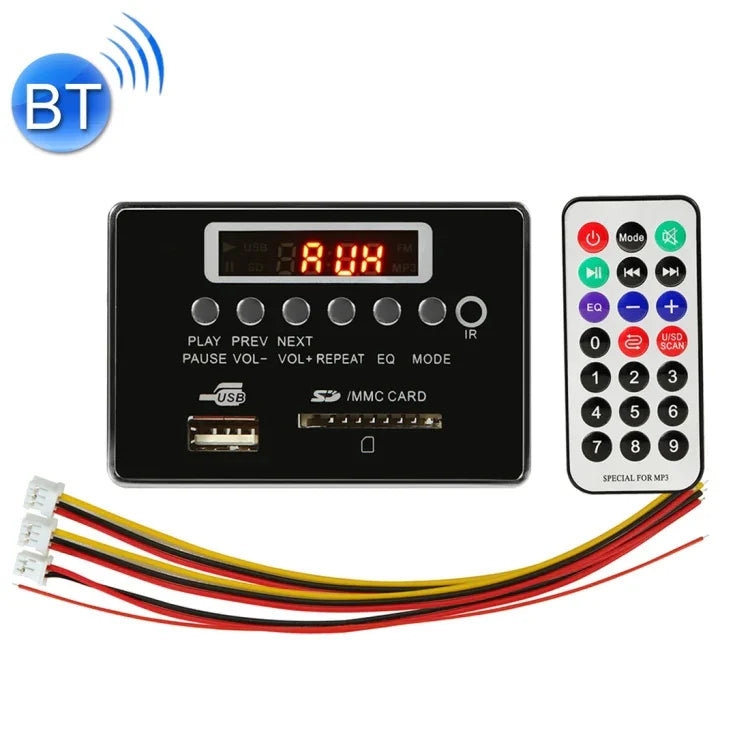 Bo giải mã MP3 âm thanh xe hơi 12V, radio FM, thẻ SD, USB AUX, có Bluetooth / điều khiển từ xa, 12V, 12V (xám bạc)