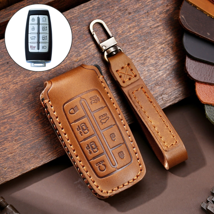 Hallmo Car Cowhide Leather Key Protective Cover Key Case for Hyundai Rohens Genesis 8-button, For Rohens Genesis
