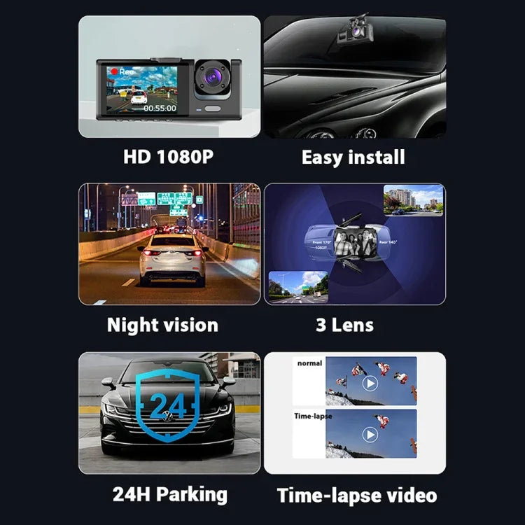 Máy ghi hình lái xe ô tô A1 3 ống kính HD ban đêm, có camera sau, A1