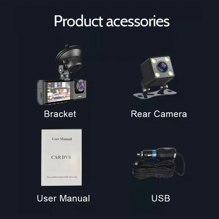 Máy ghi hình lái xe ô tô A1 3 ống kính HD ban đêm, có camera sau, A1