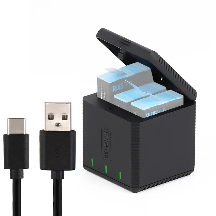 RUIGPRO Hộp Sạc 3 Pin USB với Cáp & Đèn Báo cho GoPro HERO9 Black / HERO10 Black