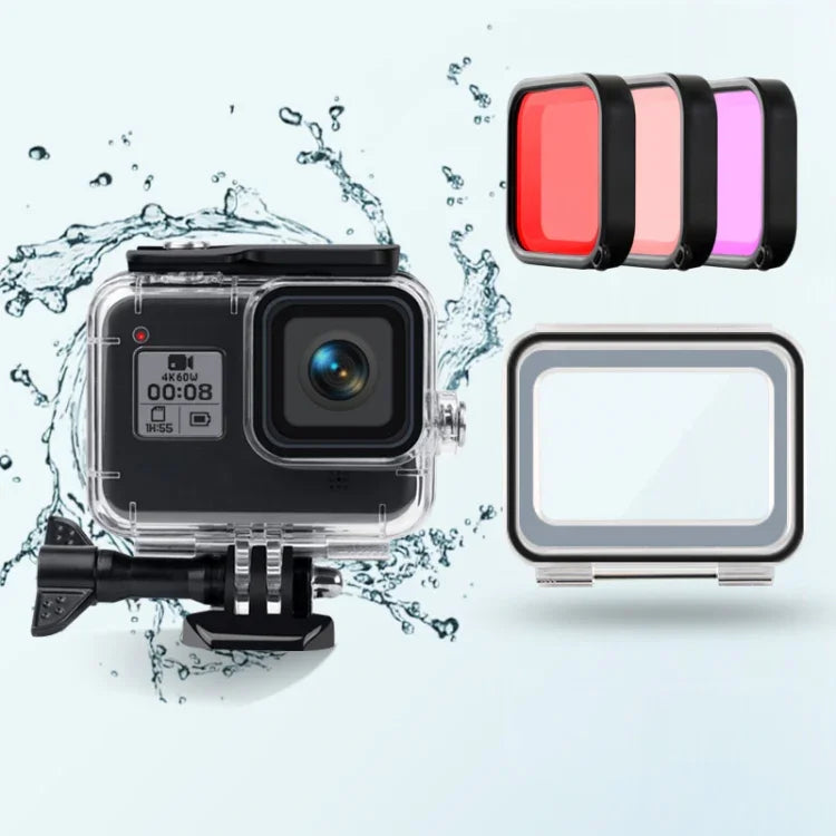 Hộp Chống Nước 45m + Ốp Lưng Cảm Ứng + Bộ Lọc Ống Kính Màu Tím Đỏ Hồng cho GoPro HERO8 Black, Hộp + Ốp Lưng Cảm Ứng + Bộ Lọc 3 Màu cho GoPro 8