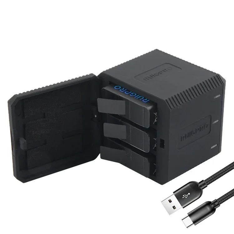 RUIGPRO Hộp sạc vỏ pin ba pin USB kèm cáp USB & đèn báo LED cho GoPro HERO6 /5