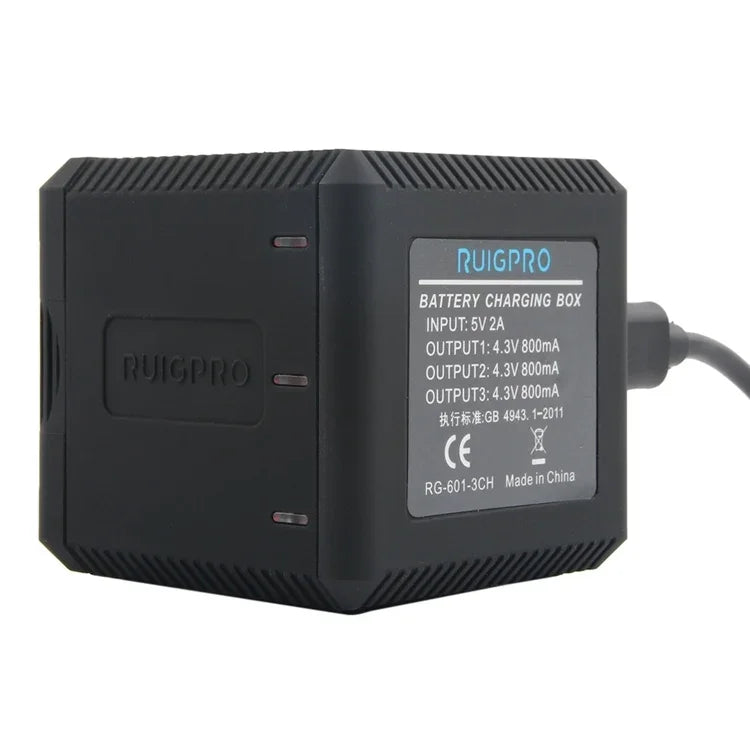 RUIGPRO Hộp sạc vỏ pin ba pin USB kèm cáp USB & đèn báo LED cho GoPro HERO6 /5