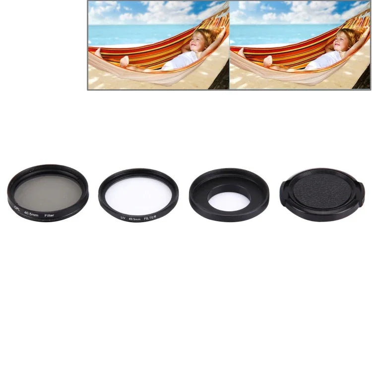 JUNESTAR Bộ 4 trong 1 Kính Lọc 40.5mm Chuyên Nghiệp (CPL + UV) & Vòng Chuyển Đổi Vỏ Chống Nước & Nắp Bảo Vệ Ống Kính cho GoPro HERO4 / 3+ / 3 Camera Thể Thao, Bộ 4 trong 1 40.5mm