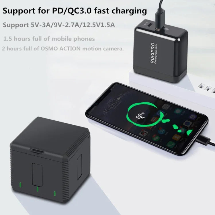 Hộp sạc pin ba ngăn USB RUIGPRO với đèn báo LED cho DJI OSMO Action 1, Hộp sạc