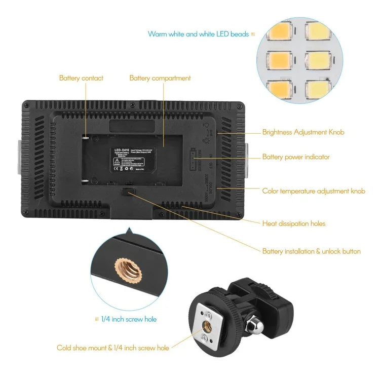 Đèn LED01 416 đèn LED 3600LM chuyên nghiệp cho vlog, chụp ảnh, video & studio cho máy ảnh Canon / Nikon DSLR, 416 LED