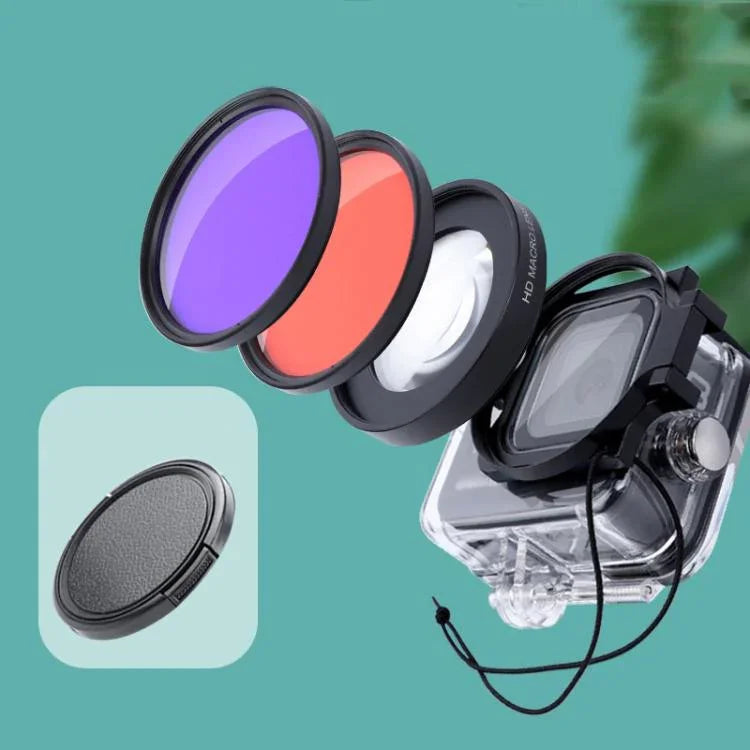 RUIGPRO bộ lọc ống kính macro 58mm 16X + bộ lọc ống kính lặn đỏ/tím + bộ vỏ chống nước với vòng chuyển đổi bộ lọc & nắp ống kính cho GoPro HERO8
