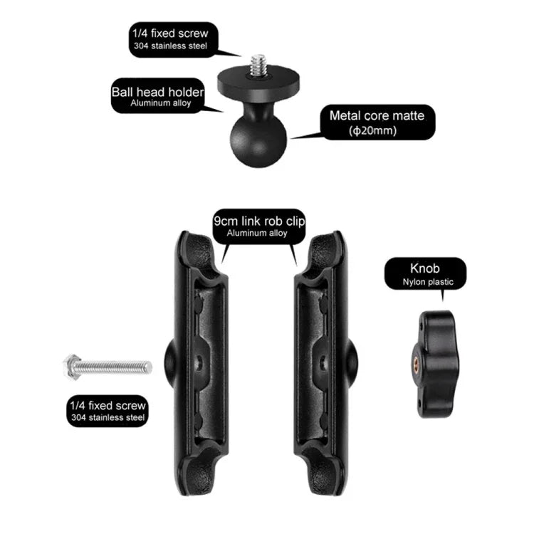 Giá Đỡ Gắn Tay Lái Xe Máy Thanh Nối 9cm Đầu Bi 20mm Có Bộ Chuyển Đổi Chân Máy & Vít Cho GoPro, Insta360, DJI và Các Máy Ảnh Hành Động Khác, Giá Đỡ Thanh Nối 9.5cm