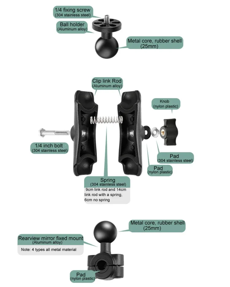 Giá đỡ cố định đầu bi 25mm vít 1/4 inch cho xe máy kèm adapter chân máy & vít cho GoPro, Insta360, DJI và các camera hành động khác, Đầu bi 25mm vít 1/4 inch
