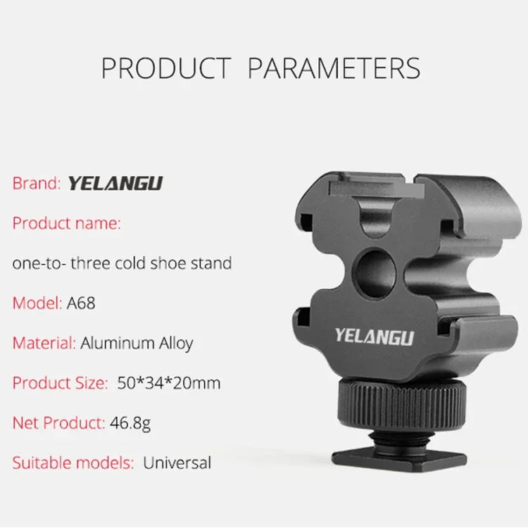 YELANGU YLG0601A A68 Giá Đỡ Kim Loại Ba Đầu Gắn Giày Lạnh Cho Micro và Đèn Flash, YELANGU A68 Ba Đầu Giày Lạnh
